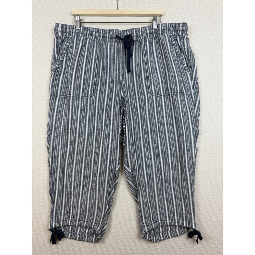 Lane Bryant Striped Blue White Capri Pant Plus 18/20 Resort Linen Blend Beach - Picture 9 of 10